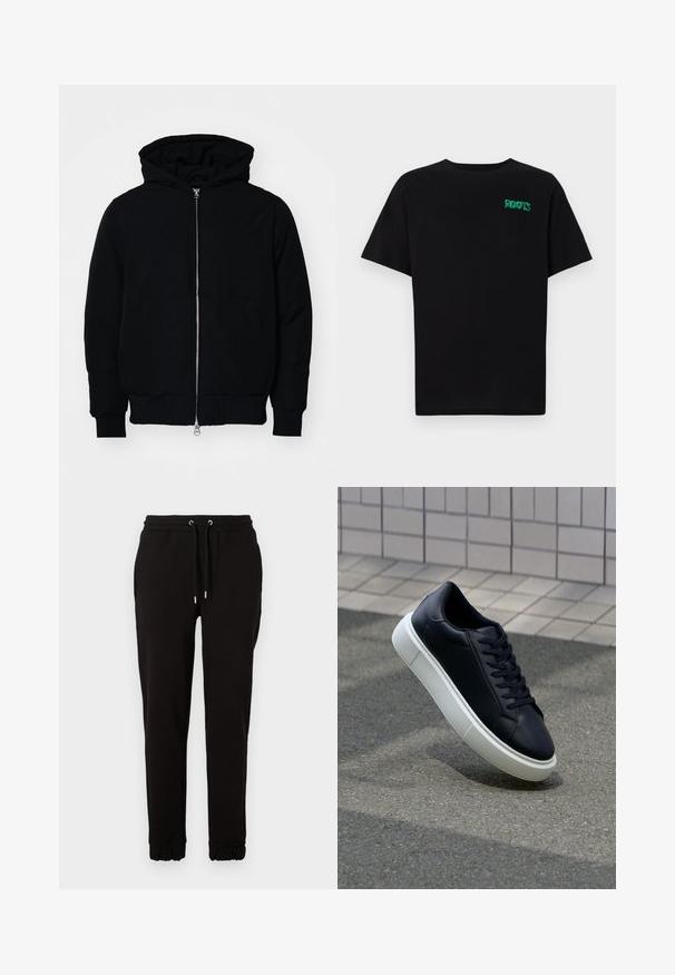 Svart hettejakke med frontglidelås, kengurulomme, ribbestrikket mansjetter og søm, vist på en ensfarget hvit bakgrunn.; svart t-skjorte laget av bomull med korte ermer. Har et grønt "ROOTS"-logo på forsiden, rund halsutringning og standard passform.; Sorte joggebukser laget av myk stoff, med elastisk midjebånd med snor, sidelommer og samlet mansjetter ved ankler.; Sorte skinnsneakers med rund tå og hvit gummisåle. Har flate lisser og minimal søm på overdelen. Strukturert såle for grep.