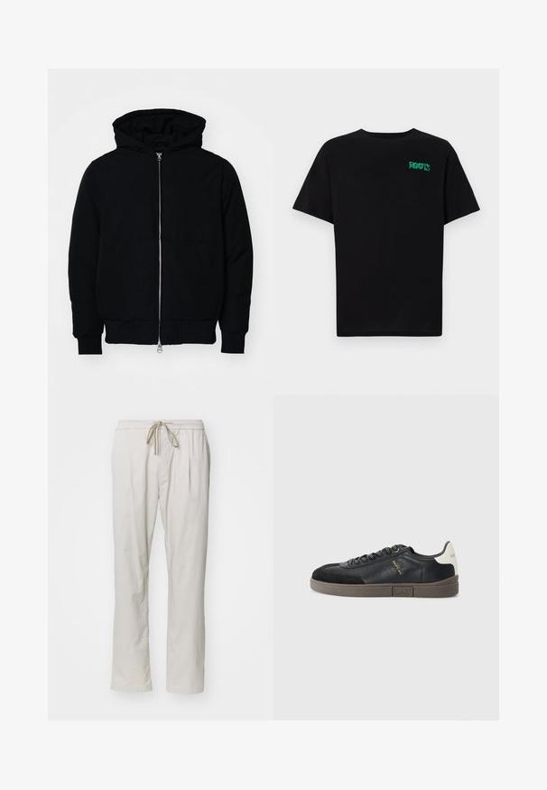 Sort hættejakke med frontlynlås, kængurulomme, ribbede manchetter og kant, præsenteret på en ensfarvet hvid baggrund.; Sort t-shirt lavet af bomuld med korte ærmer. Har et grønt "ROOTS" logo på forsiden, rund halsudskæring og almindelig pasform.; Lyse beige, lette bukser med elastisk linning og snor. Har to sidelommer og lige ben.; Replay POLYS SCENT - Sneakers - black/off white