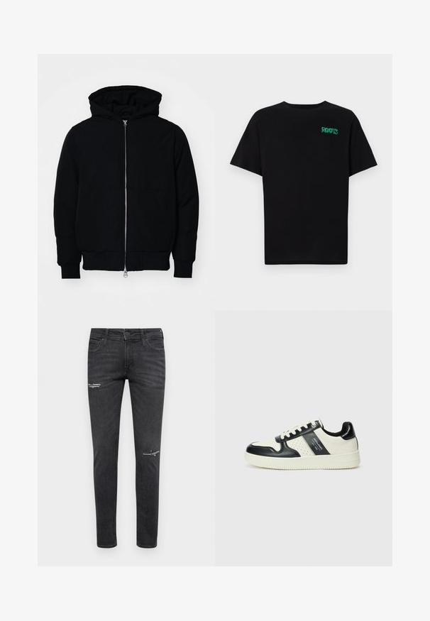 Juodas gobtuvėlis su priekiniu užtrauktuku, kengūros tipo kišene, lygiais rankogaliais ir apvadu, pateiktas ant vientiso balto fono.; Juodas medvilninis marškinėliai trumpomis rankovėmis. Priekyje yra žalias „ROOTS“ logotipas, apvalus iškirpimas ir standartinė prigludimo forma.; Juodi liesi džinsai pagaminti iš denimo, su pažeidimais ant kelių, penkių kišenių dizainu ir klasikiniu mygtuko bei užtrauktuko uždarymu.; Odiniai sportbačiai juodos ir kreminės spalvų schemoje, su perforuotais akcentais, paminkštinta apykakle ir tekstūruotu padu.