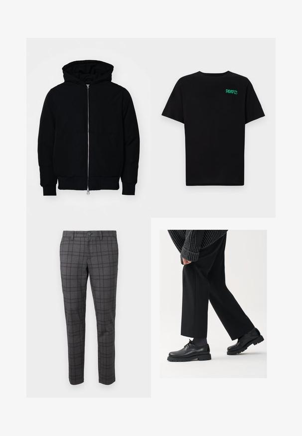 Jachetă neagră cu glugă, cu fermoar în față, buzunar tip kangaroo, mansete și tiv ribbed, prezentată pe un fundal alb simplu.; Tricou negru din bumbac, cu mâneci scurte. Prezintă un logo verde "ROOTS" pe față, guler rotund și o potrivire standard.; Pantaloni gri cu carouri, fabricați dintr-un material texturat, având o potrivire slim, curele de brâu și un sistem de închidere cu un singur buton la talie.; Pantofi din piele neagră cu vârf rotunjit, design cu şireturi şi o talpă groasă, texturată. Purtați cu pantaloni negri bine croiți și un pulover cu ripuri.