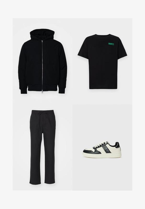 Svart hettejakke med frontglidelås, kengurulomme, ribbestrikket mansjetter og søm, vist på en ensfarget hvit bakgrunn.; svart t-skjorte laget av bomull med korte ermer. Har et grønt "ROOTS"-logo på forsiden, rund halsutringning og standard passform.; Svarte, rette bukser laget av myk stoff med elastisk midjebånd og justerbart snøre. Ingen lommer eller synlige mønstre.; Lædersneakers med sort og creme farveskema, der har perforerede detaljer, en polstret krave og en struktureret ydersål.