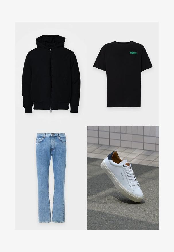 Melna kapucēta jaka ar priekšējo rāvējslēdzēju, kenguru kabatu, ribinātām aprocēm un apakšmalu, parādīta uz vienkārša balta fona.; Melna kokvilnas t-kreka ar īsām piedurknēm. Uz priekšu ir zaļa "ROOTS" logo, apaļa kakla izgriezums un standarta piegriezums.; Gai zili džinsi ar taisnu kāju griezumu, piecām kabatām un kontrastējošiem šuvju detalizējumiem. Standarta jostasvieta ar podziņu aizdari.; Baltas ādas čības ar tumši zilu papēdi, apaļu purngalu un kontrastējošām brūnām detaļām. Aprīkotas ar plakanu auklu un struktūrētu gumijas zoli.