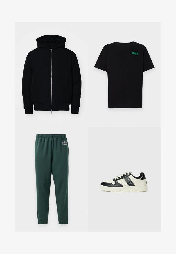 Černá kapucňová bunda s předním zipem, klokaní kapsou, vroubkovanými manžetami a spodním lemem, vystavená na čistém bílém pozadí.; Černé tričko vyrobené z bavlny s krátkým rukávem. Na přední straně se nachází zelené logo "ROOTS", kulatý výstřih a standardní střih.; Zelené sportovní kalhoty vyrobené z měkké látky, s elastickým pasem, užšími nohavicemi a malým logem GAP na levém boku.; Kožené tenisky s černobílou barevnou kombinací, které mají perforované detaily, polstrovaný límec a texturovanou podrážku.