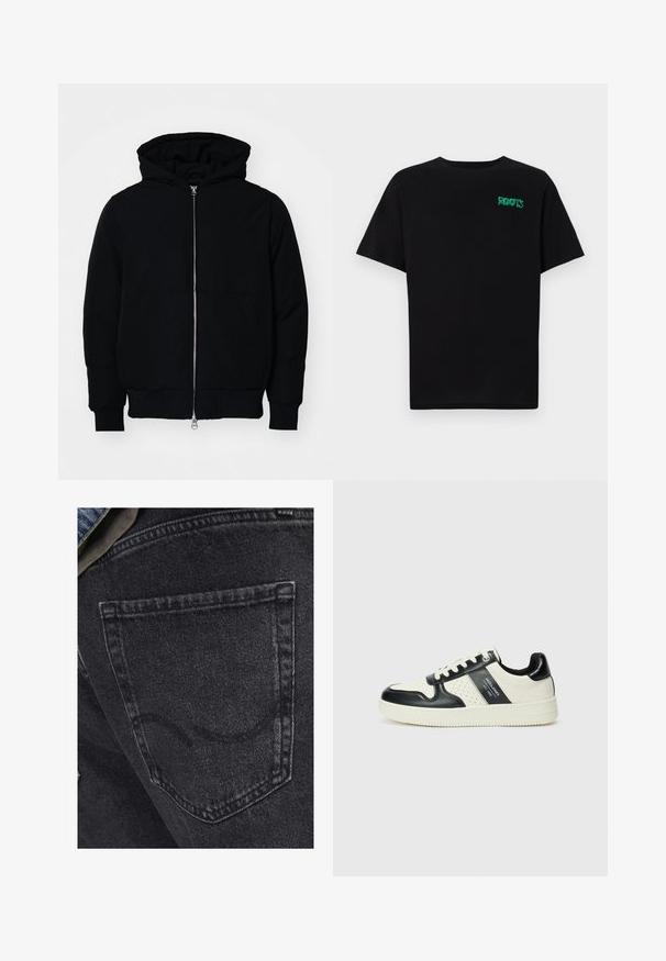 Zwarte hoodie met rits aan de voorkant, kangoeroe-pocket, geribbelde manchetten en zoom, weergegeven op een effen witte achtergrond.; Zwarte T-shirt van katoen met korte mouwen. Heeft een groen "ROOTS" logo op de voorkant, een ronde halslijn en een standaard pasvorm.; Zwarte denim jeans met een achterzak en subtiele stikdetails. De textuur is iets versleten met een zachte, vervaagde afwerking.; Leren sneakers met een zwart en crèmekleurig kleurenschema, voorzien van geperforeerde accenten, een gevoerde kraag en een gestructureerde buitenzool.