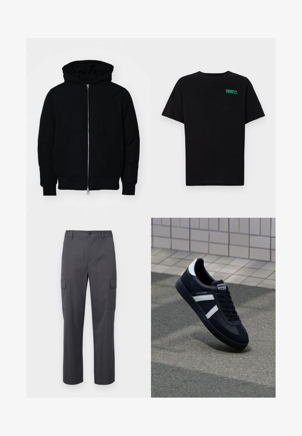 Mustaga kapuutsiga jakk, millel on esineed, kenguru tasku, soonikkoes, ja alläär, esitatud lihtsal valgel taustal.; Must t-särk, mis on valmistatud puuvillast, lühikeste varrukatega. Esipaneelil on roheline "ROOTS" logo, ümmargune kaelus ja tavapärane lõige.; Söehuhune hallid cargo püksid, mis on valmistatud sileda kanga eest, sirge jala disainiga, kahe küljetasku ja nööpkinnitusega vööl.; Must have musta sneaker musta valgete triipudega, tekstuurne kummitald ja nööridega esiosa. Omab bränditud märki keele peal.