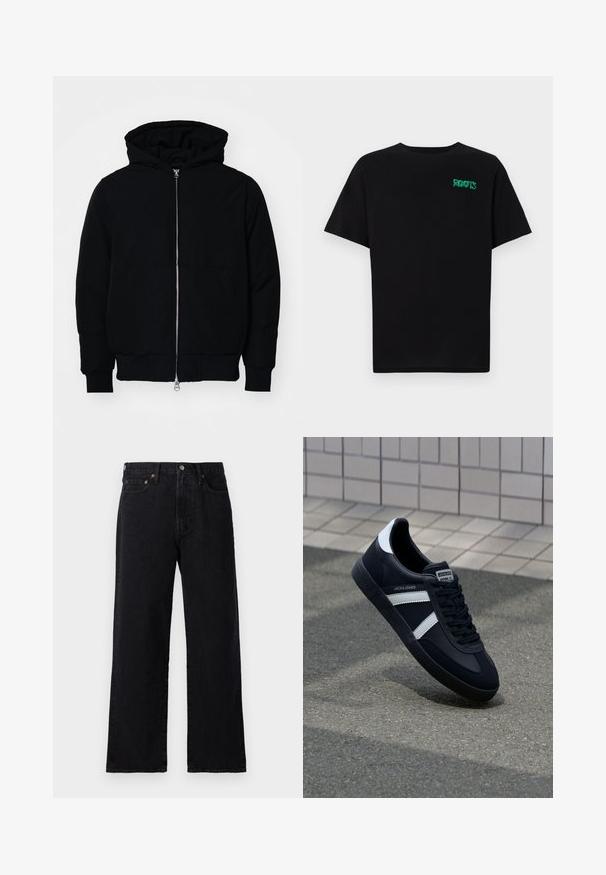 Mustaga kapuutsiga jakk, millel on esineed, kenguru tasku, soonikkoes, ja alläär, esitatud lihtsal valgel taustal.; Must t-särk, mis on valmistatud puuvillast, lühikeste varrukatega. Esipaneelil on roheline "ROOTS" logo, ümmargune kaelus ja tavapärane lõige.; Mustmust värvi teksapüksid sirge lõikega, viis taskut, vasetooni detailid ning minimalistlik disain, millel on kergelt tekstureeritud pind.; Must have musta sneaker musta valgete triipudega, tekstuurne kummitald ja nööridega esiosa. Omab bränditud märki keele peal.