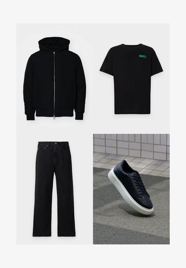 Giacca nera con cappuccio, dotata di zip frontale, tasca a marsupio, polsini e orlo a coste, esposta su uno sfondo bianco semplice.; T-shirt nera in cotone con maniche corte. Presenta un logo verde "ROOTS" sulla parte frontale, colletto rotondo e vestibilità standard.; Jeans in denim nero con taglio dritto, cinque tasche, dettagli in hardware di rame e un design minimalista con una finitura leggermente texture.; Sneaker in pelle nera con punta arrotondata e suola in gomma bianca. Presenta lacci piatti e cuciture minime sulla parte superiore. Suola testurizzata per una migliore aderenza.