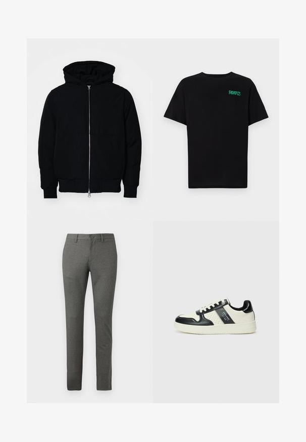Black hooded jacket with front zipper, kangaroo pocket, ribbed cuffs, and hem, displayed on a plain white background.; Black t-shirt made of cotton with short sleeves. Features a green "ROOTS" logo on the front, round neckline, and standard fit.; Gray tailored trousers with a textured finish, slim fit design, front pockets, and a single button closure at the waist.; Leather sneakers with a black and cream color scheme, featuring perforated accents, a padded collar, and a textured outsole.