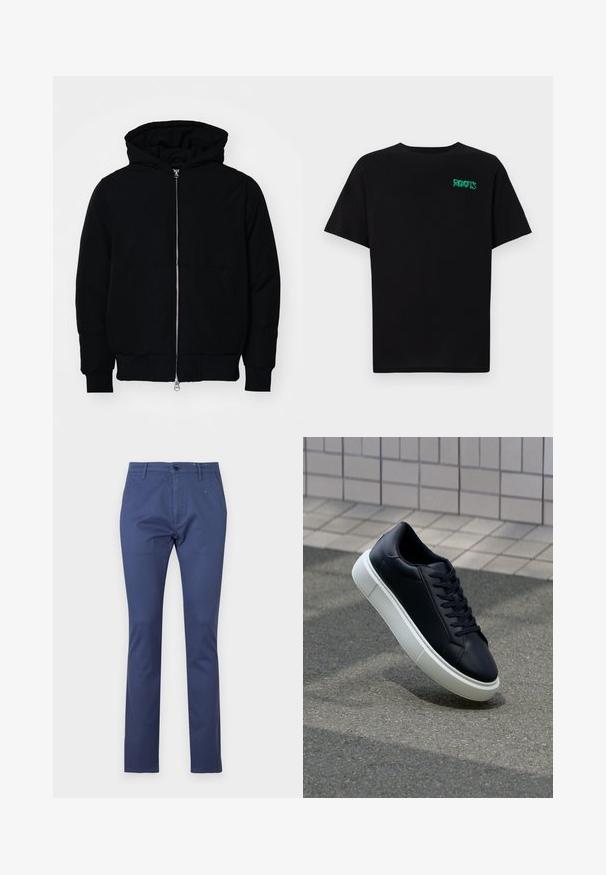 Juodas gobtuvėlis su priekiniu užtrauktuku, kengūros tipo kišene, lygiais rankogaliais ir apvadu, pateiktas ant vientiso balto fono.; Juodas medvilninis marškinėliai trumpomis rankovėmis. Priekyje yra žalias „ROOTS“ logotipas, apvalus iškirpimas ir standartinė prigludimo forma.; Tamsiai mėlyni medvilniniai kelnės, turinčios tiesų siluetą, priekinėmis kišenėmis, mygtukų uždarymu ir subtiliomis siuvimo detalėmis.; Juodas odinis sportbačius su apvaliu pirštu ir baltu gumuotu padu. Turi plokščias raišteles ir minimalų siuvimą viršuje. Padangos tekstūra užtikrina sukibimą.