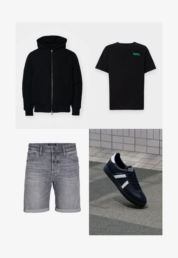 Melna kapucēta jaka ar priekšējo rāvējslēdzēju, kenguru kabatu, ribinātām aprocēm un apakšmalu, parādīta uz vienkārša balta fona.; Melna kokvilnas t-kreka ar īsām piedurknēm. Uz priekšu ir zaļa "ROOTS" logo, apaļa kakla izgriezums un standarta piegriezums.; Pelēka denima šorti ar nedaudz nolietotu izskatu, ar sarullētu apakšmalu, piecu kabatu dizainu un pogu aizdari. Zīmols: JACK & JONES.; Melnā ādas sporta apavi ar baltām svītrām, teksturēta gumijas zole un auklu aizdare. Iekļauj zīmola etiķeti uz mēles.