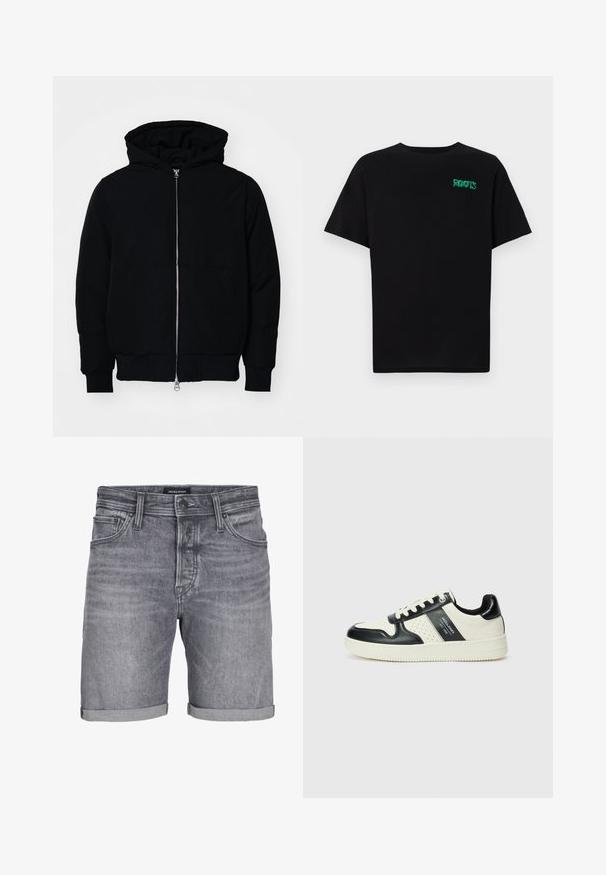 Juodas gobtuvėlis su priekiniu užtrauktuku, kengūros tipo kišene, lygiais rankogaliais ir apvadu, pateiktas ant vientiso balto fono.; Juodas medvilninis marškinėliai trumpomis rankovėmis. Priekyje yra žalias „ROOTS“ logotipas, apvalus iškirpimas ir standartinė prigludimo forma.; Pilki džinsiniai šortai su šiek tiek nusidėvėjusiu įvaizdžiu, turintys susuktą apatinę dalį, penkių kišenių dizainą ir mygtuko užsegimą. Žymė: JACK & JONES.; Odiniai sportbačiai juodos ir kreminės spalvų schemoje, su perforuotais akcentais, paminkštinta apykakle ir tekstūruotu padu.