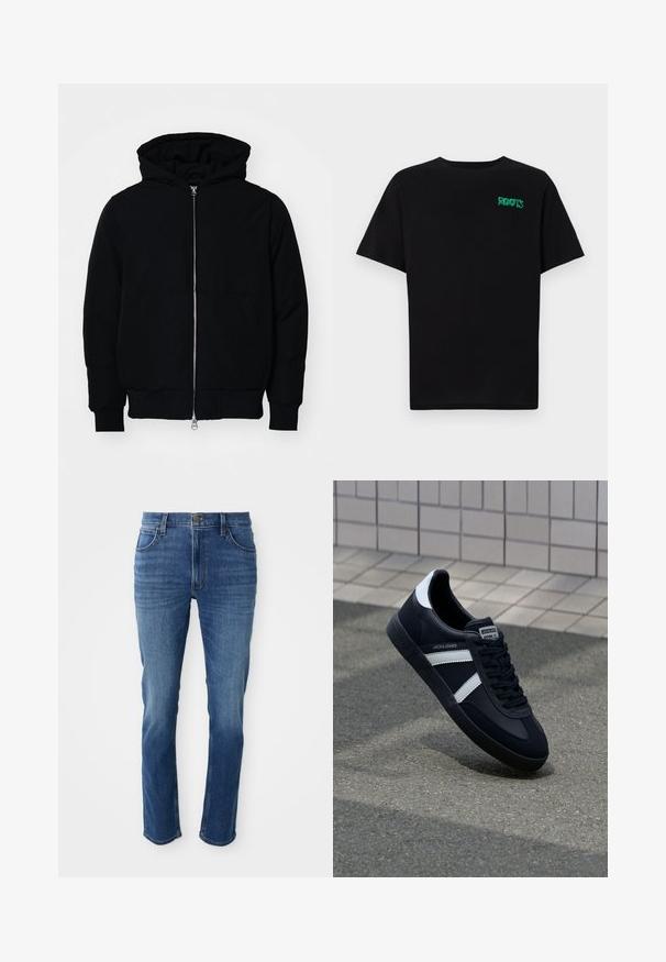 Crna kapuška jakna s prednjim zatvaračem, kenguru džepom, rebrastim manžetama i rubom, prikazana na običnoj bijeloj pozadini.; Crna majica kratkih rukava od pamuka. Na prednjem dijelu se nalazi zeleni "ROOTS" logo, okrugli izrez i standardni kroj.; Plave traperice s ravnim krojem, pet džepova i zatvaranjem na patentni zatvarač. Imaju suptilna izblijedjela mjesta i kontrastne šavove duž šavova.; Crne kožne tenisice s bijelim prugama, strukturirana gumena potplate i vezanjem sprijeda. Ima oznaku brenda na jeziku.