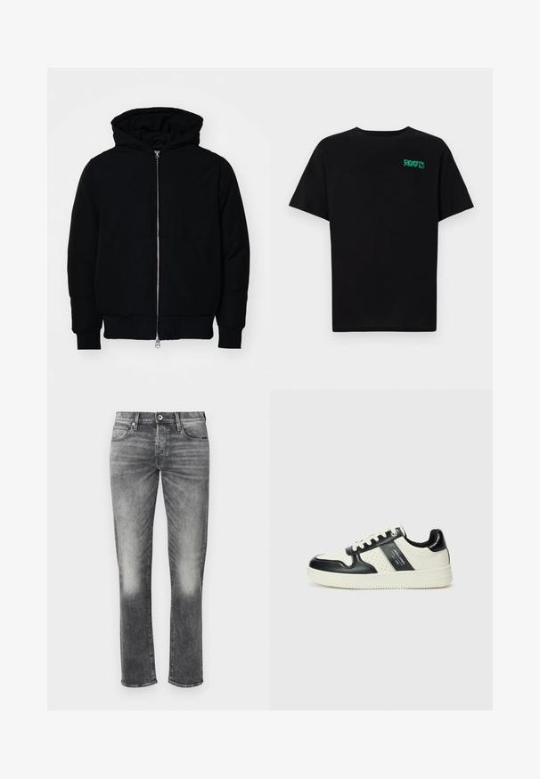 Černá kapucňová bunda s předním zipem, klokaní kapsou, vroubkovanými manžetami a spodním lemem, vystavená na čistém bílém pozadí.; Černé tričko vyrobené z bavlny s krátkým rukávem. Na přední straně se nachází zelené logo "ROOTS", kulatý výstřih a standardní střih.; Šedé džíny z denimu se střihem rovného nohavice, s mírným vyblednutím, pěti kapsami a zapínáním na knoflík. Texturovaná tkanina s minimálním šitím.; Kožené tenisky s černobílou barevnou kombinací, které mají perforované detaily, polstrovaný límec a texturovanou podrážku.