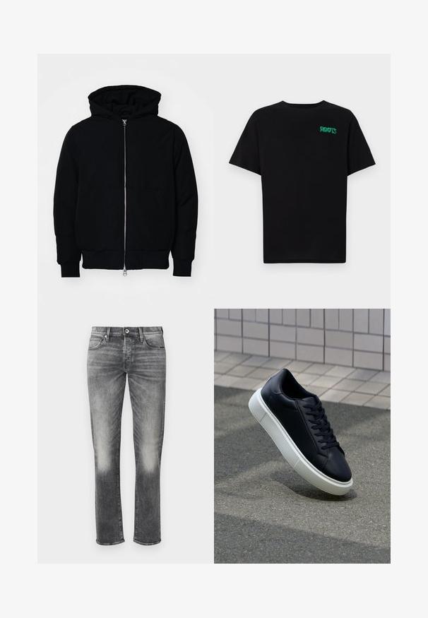 Svart hettejakke med frontglidelås, kengurulomme, ribbestrikket mansjetter og søm, vist på en ensfarget hvit bakgrunn.; svart t-skjorte laget av bomull med korte ermer. Har et grønt "ROOTS"-logo på forsiden, rund halsutringning og standard passform.; Grå denimjeans med rett ben-design, med subtil falming, fem lommer og knappelukking. Teksturert stoff med minimal søm.; Sorte skinnsneakers med rund tå og hvit gummisåle. Har flate lisser og minimal søm på overdelen. Strukturert såle for grep.