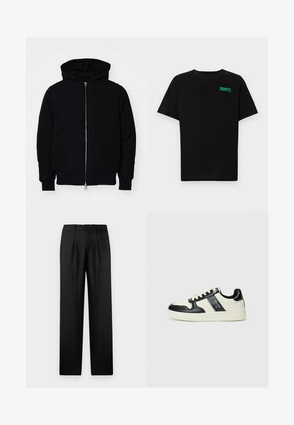 Melna kapucēta jaka ar priekšējo rāvējslēdzēju, kenguru kabatu, ribinātām aprocēm un apakšmalu, parādīta uz vienkārša balta fona.; Melna kokvilnas t-kreka ar īsām piedurknēm. Uz priekšu ir zaļa "ROOTS" logo, apaļa kakla izgriezums un standarta piegriezums.; Melnas, augsta jostasvieta bikses ar taisnu kāju dizainu, ar priekšējiem krokojumiem un jostu cilpiņām, izgatavotas no gludas auduma.; Ādas sporta apavi ar melnbaltu krāsu shēmu, ar perforētiem akcentiem, mīkstinātu apkakli un teksturētu zoli.