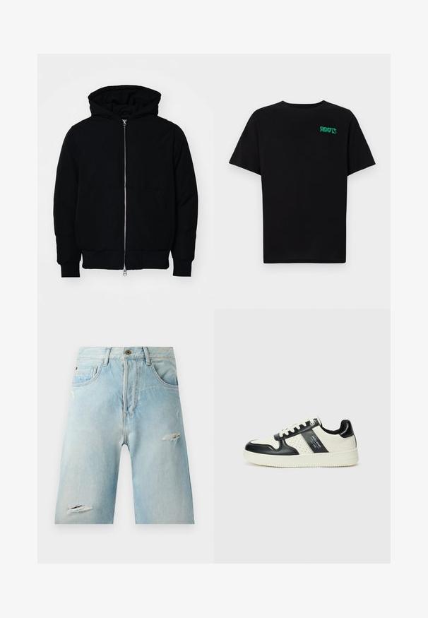 Černá kapucňová bunda s předním zipem, klokaní kapsou, vroubkovanými manžetami a spodním lemem, vystavená na čistém bílém pozadí.; Černé tričko vyrobené z bavlny s krátkým rukávem. Na přední straně se nachází zelené logo "ROOTS", kulatý výstřih a standardní střih.; Světle modré denimové šortky s uvolněným střihem, zdobené sepranými akcenty, bočními kapsami a jedním uzávěrem na horním knoflíku.; Kožené tenisky s černobílou barevnou kombinací, které mají perforované detaily, polstrovaný límec a texturovanou podrážku.
