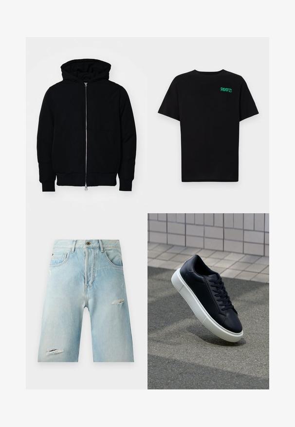 Black hooded jacket with front zipper, kangaroo pocket, ribbed cuffs, and hem, displayed on a plain white background.; Black t-shirt made of cotton with short sleeves. Features a green "ROOTS" logo on the front, round neckline, and standard fit.; Light blue denim shorts with a relaxed fit, featuring distressed accents, side pockets, and a single top button closure.; Black leather sneaker with rounded toe and white rubber sole. Features flat laces and minimal stitching on the upper. Textured sole for grip.