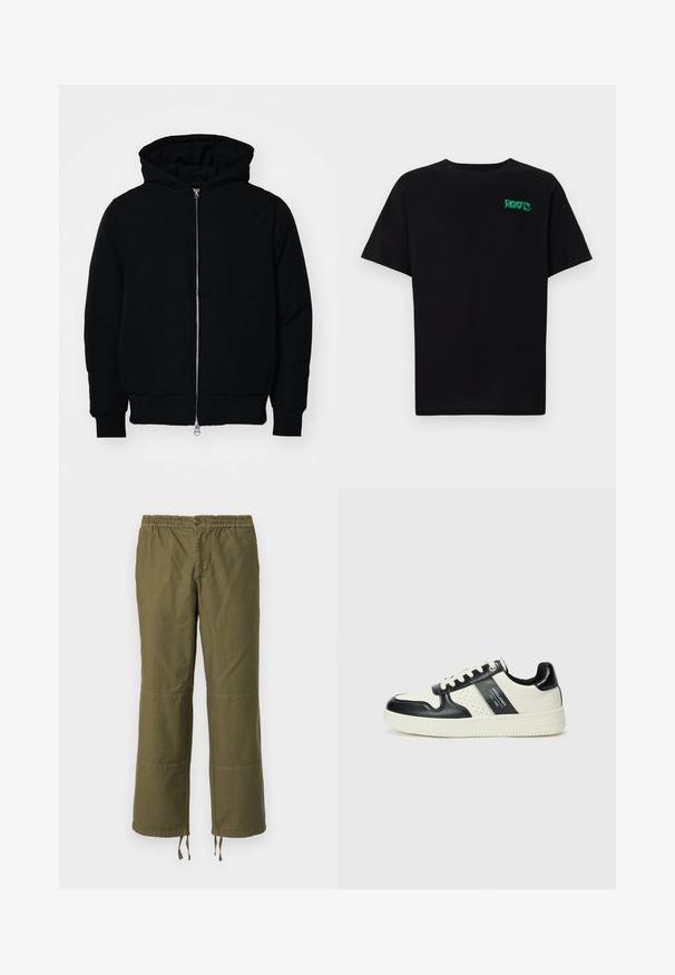 Mustat huppu-untuvatakki, jossa on vetoketju edessä, kenguru-tasku, ribatut hihansuut ja helma, esillä yksinkertaisella valkoisella taustalla.; Mustat t-paidat, jotka on valmistettu puuvillasta ja joissa on lyhyet hihat. Edessä vihreä "ROOTS"-logo, pyöreä kaula-aukko ja normaali istuvuus.; Oliivinvihreät, leveälahkeiset housut, jotka on valmistettu puuvillasta. Niissä on joustava vyötärö, nappikiinnitys ja eriväriset paikkayksityiskohdat polvissa.; Nahkakengät musta-kerma värimaailmassa, joissa on rei'itetyt yksityiskohdat, pehmustettu nilkkaosa ja teksturoitu pohja.