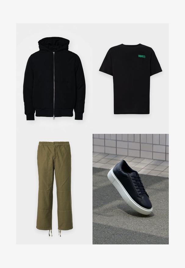 Veste à capuche noire avec fermeture éclair sur le devant, poche kangourou, poignets et ourlet côtelés, présentée sur un fond blanc uni.; T-shirt noir en coton à manches courtes. Présente un logo "ROOTS" vert sur le devant, un col rond et une coupe standard.; Pantalons larges en coton couleur vert olive avec une taille élastique, un bouton de fermeture et des détails en patch contrastants au niveau des genoux.; Baskets noires en cuir avec bout arrondi et semelle en caoutchouc blanc. Elles présentent des lacets plats et une couture minimale sur la tige. Semelle texturée pour une bonne adhérence.