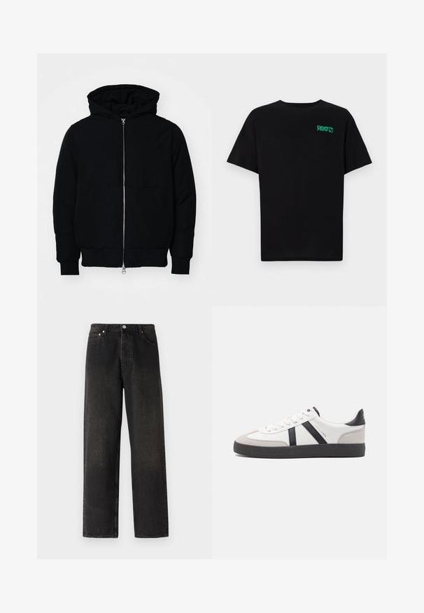 Veste à capuche noire avec fermeture éclair sur le devant, poche kangourou, poignets et ourlet côtelés, présentée sur un fond blanc uni.; T-shirt noir en coton à manches courtes. Présente un logo "ROOTS" vert sur le devant, un col rond et une coupe standard.; Jean en denim noir avec un design à jambe droite, featuring un style à cinq poches, bouton en laiton et des variations de texture subtiles sur le tissu.; Baskets blanches avec des accents noirs et gris, présentant un embout texturé gris, une semelle en caoutchouc noir et des lacets plats blancs. Design épuré, style minimaliste.