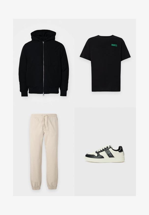 Black hooded jacket with front zipper, kangaroo pocket, ribbed cuffs, and hem, displayed on a plain white background.; Black t-shirt made of cotton with short sleeves. Features a green "ROOTS" logo on the front, round neckline, and standard fit.; Beige, lightweight jogger pants with an elastic waistband and drawstring. Tapered cuffs at the ankle, smooth texture, minimalist design.; Leather sneakers with a black and cream color scheme, featuring perforated accents, a padded collar, and a textured outsole.