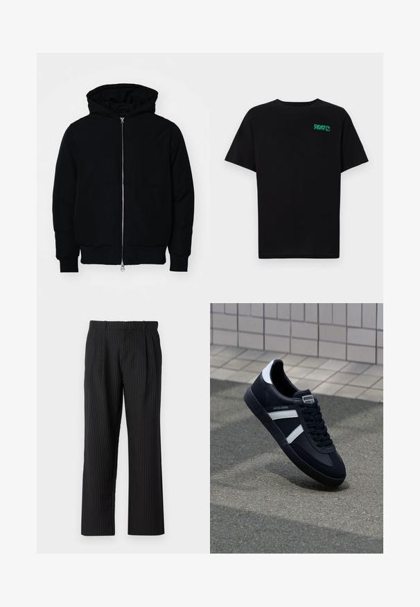 Svart huoodiejacka med framdragkedja, känguruficka, ribbade ärmslut och nederkant, uppställd mot en vit bakgrund.; Svart t-shirt i bomull med korta ärmar. Har en grön "ROOTS" logotyp på framsidan, rund halsringning och standard passform.; Jack & Jones JPSTBILL JJDAYTONA WIDE - Tygbyxor - black; Svart lädersneaker med vita ränder, texturerad gummisul, och snörning fram. Har en märkesskylt på tungan.