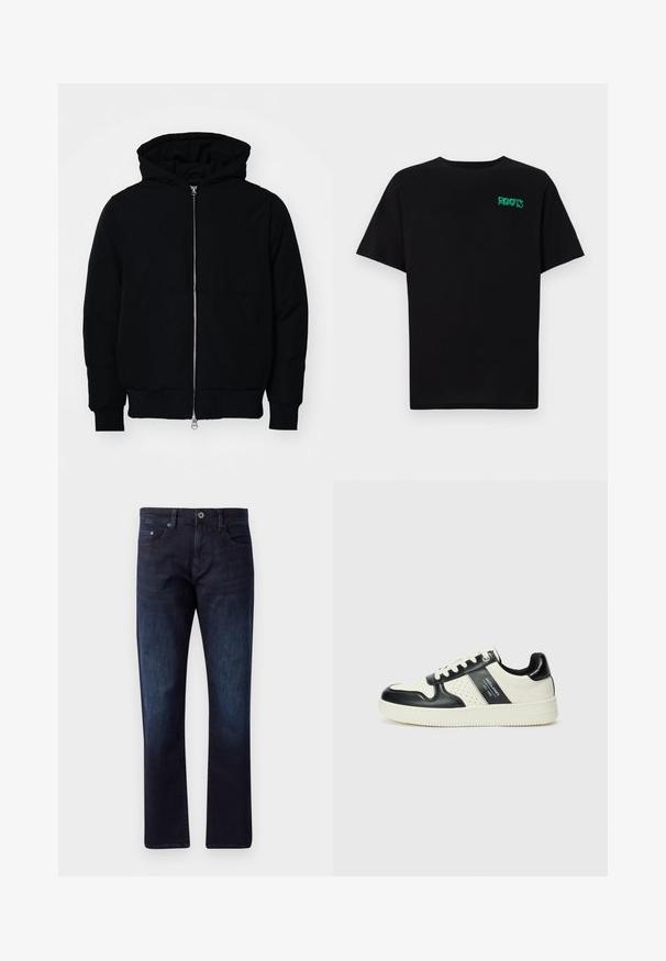 Črna kapuca jakna s sprednjim zadrgo, kenguru žepom, rebrastimi manšetami in hemom, razstavljena na enostavni beli ozadju.; Črna majica iz bombaža z kratkimi rokavi. Na sprednji strani ima zeleno logotip "ROOTS", okroglo ovratnico in standardno prileganje.; Temno modri teksas hlače s ravnim krojem, opremljene z dvema sprednjima žepoma, enim žepom za kovance in gumbom za zapiranje. Rahlo zbledel videz.; Usnjeni športni čevlji z črno in krem barvno shemo, ki vključujejo perforirane dodatke, podložen ovratnik in strukturirano podplat.