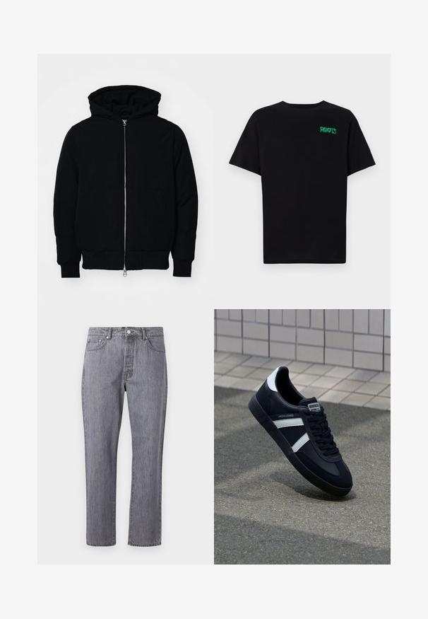 Schwarze Kapuzenjacke mit Frontreißverschluss, Kängurutasche, gerippten Bündchen und Saum, auf einem schlichten weißen Hintergrund präsentiert.; Schwarzes T-Shirt aus Baumwolle mit kurzen Ärmeln. Auf der Vorderseite befindet sich ein grünes "ROOTS"-Logo, es hat einen runden Halsauschnitt und eine normale Passform.; Graue Denim-Jeans mit geradem Bein, fünf Taschen, Knopfverschluss und einem subtilen Used-Look auf der Stoffoberfläche.; Schwarze Leder-Sneaker mit weißen Streifen, strukturiertem Gummisohle und Schnürung. Verfügt über ein Markenetikett auf der Zunge.