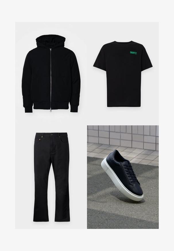 Sort hættejakke med frontlynlås, kængurulomme, ribbede manchetter og kant, præsenteret på en ensfarvet hvid baggrund.; Sort t-shirt lavet af bomuld med korte ærmer. Har et grønt "ROOTS" logo på forsiden, rund halsudskæring og almindelig pasform.; Sorte denimbukser med lige pasform, med forlommer, knaplukning og hardware i guldtoner. Glat tekstur.; Sort lædersneaker med rund tå og hvid gummisål. Har flade snørebånd og minimal syning på overdelen. Tekstureret sål for bedre greb.