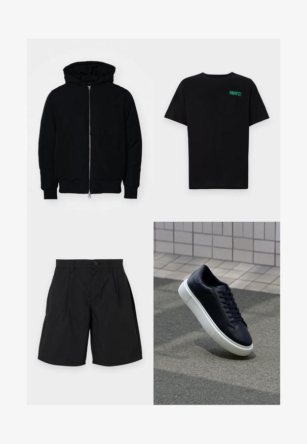 Mustaga kapuutsiga jakk, millel on esineed, kenguru tasku, soonikkoes, ja alläär, esitatud lihtsal valgel taustal.; Must t-särk, mis on valmistatud puuvillast, lühikeste varrukatega. Esipaneelil on roheline "ROOTS" logo, ümmargune kaelus ja tavapärane lõige.; Mustad mustad, mis on valmistatud siledast kangast, koos nööbiga kinnitusega, kahe esise pleki ja küljetaskutega, lõdva istuvuse ja sirge hemiga.; Mustast nahast tennisetoss, millel on ümar nina ja valge kummist tall. Omab siredaid paelu ja minimaalset õmblemist ülemises osas. Tekstuuriga tald, mis tagab haakuvuse.