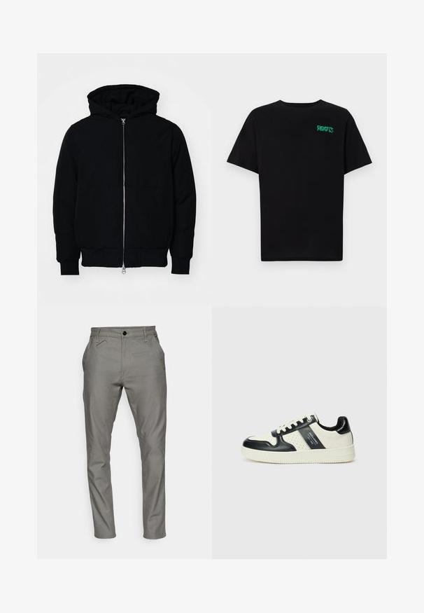 Czarna kurtka z kapturem, z suwakiem z przodu, kieszenią kangurką, ściągaczami przy mankietach i dolnym brzegu, prezentowana na jednolitym białym tle.; Czarna koszulka z bawełny z krótkim rękawem. Posiada zielone logo "ROOTS" z przodu, okrągły dekolt i standardowy krój.; Szare spodnie wykonane z gładkiego materiału, z zapięciem na guzik, kieszeniami bocznymi oraz zwężającym się krojem i przeszyciami.; Skórzane sneakersy w czarno-kremowym schemacie kolorystycznym, z perforowanymi akcentami, wyściełanym kołnierzem i teksturowaną podeszwą.
