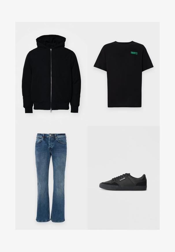 Black hooded jacket with front zipper, kangaroo pocket, ribbed cuffs, and hem, displayed on a plain white background.; Black t-shirt made of cotton with short sleeves. Features a green "ROOTS" logo on the front, round neckline, and standard fit.; Denim flared jeans in medium blue. Features a classic five-pocket design, subtle fading, and a zip fly with a button closure.; Black sneakers with a mix of leather and suede materials, featuring round laces, textured rubber sole, and a brand logo on the side.