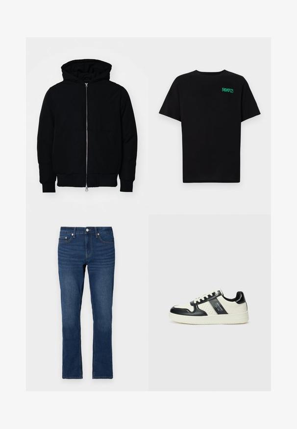 Czarna kurtka z kapturem, z suwakiem z przodu, kieszenią kangurką, ściągaczami przy mankietach i dolnym brzegu, prezentowana na jednolitym białym tle.; Czarna koszulka z bawełny z krótkim rękawem. Posiada zielone logo "ROOTS" z przodu, okrągły dekolt i standardowy krój.; Granatowe dżinsy o prostym kroju, z zamek błyskawicznym i zapięciem na guzik. Widoczne przeszycia wzdłuż szwów.; Skórzane sneakersy w czarno-kremowym schemacie kolorystycznym, z perforowanymi akcentami, wyściełanym kołnierzem i teksturowaną podeszwą.