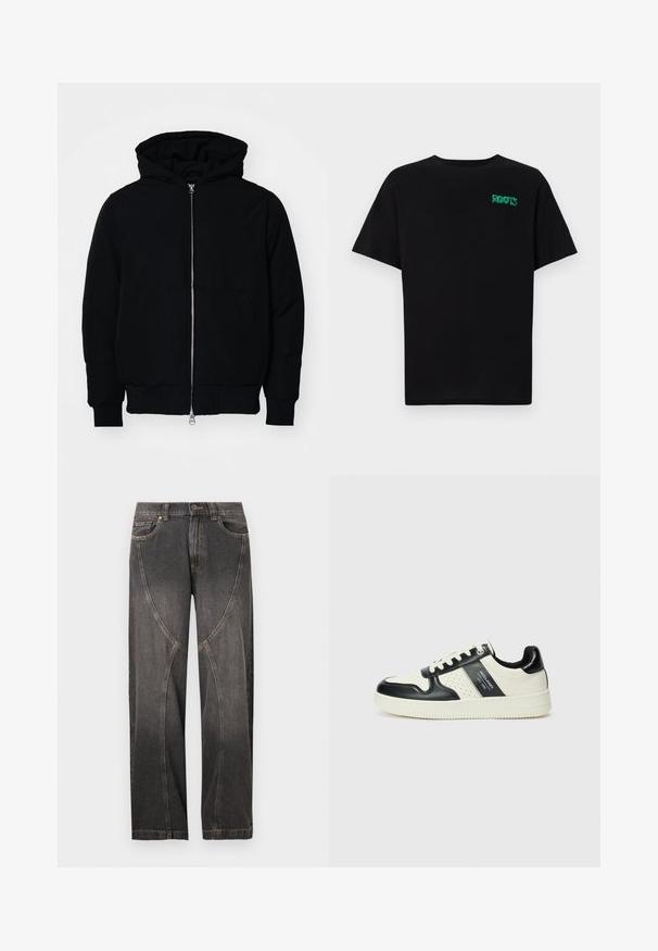 Fekete kapucnis dzseki elülső cipzárral, kenguruzsebbel, bordázott mandzsettákkal és aba, egy sima fehér háttér előtt.; Fekete, pamutból készült póló rövid ujjakkal. Elöl zöld "ROOTS" logóval, kerek nyakkivágással és normál szabással.; Fekete, széles szárú farmernadrág kontrasztvarrásokkal és ívelt panelekkel elől, övhurkokkal és elülső zsebekkel.; Fekete és krém színű bőrsneaker, perforált díszítésekkel, párnázott bokapánttal és texturált talppal.