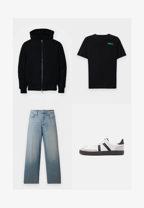 Juodas gobtuvėlis su priekiniu užtrauktuku, kengūros tipo kišene, lygiais rankogaliais ir apvadu, pateiktas ant vientiso balto fono.; Juodas medvilninis marškinėliai trumpomis rankovėmis. Priekyje yra žalias „ROOTS“ logotipas, apvalus iškirpimas ir standartinė prigludimo forma.; Šviesiai mėlyni plačios kojos džinsai, pagaminti iš džinsinio audinio. Yra aukštas liemuo, klasikinis penkių kišenių dizainas ir subtilus blukimas, kuris suteikia nusidėvėjimo efektą.; Balti sportbačiai su juodais ir pilkais akcentais, pasižymintys tekstūruotu pilku pirštų dangteliu, juoda gumine padais ir plokščiomis baltomis raišteliais. Švarus dizainas, minimalistinis stilius.