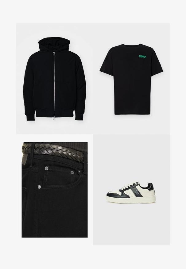 Black hooded jacket with front zipper, kangaroo pocket, ribbed cuffs, and hem, displayed on a plain white background.; Black t-shirt made of cotton with short sleeves. Features a green "ROOTS" logo on the front, round neckline, and standard fit.; Jack & Jones JJIALEX JJORIGINAL - Baggy Jeans - black; Leather sneakers with a black and cream color scheme, featuring perforated accents, a padded collar, and a textured outsole.