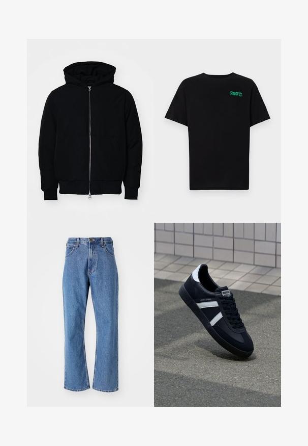 Giacca nera con cappuccio, dotata di zip frontale, tasca a marsupio, polsini e orlo a coste, esposta su uno sfondo bianco semplice.; T-shirt nera in cotone con maniche corte. Presenta un logo verde "ROOTS" sulla parte frontale, colletto rotondo e vestibilità standard.; Jeans in denim blu con vestibilità rilassata. Cinque tasche, chiusura con bottone metallico e zip, e gambe dritte con leggera scoloritura.; Sneaker neri in pelle con strisce bianche, suola in gomma texturizzata e allacciatura frontale. Presenta un'etichetta con il marchio sulla linguetta.