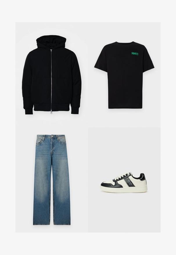 Melna kapucēta jaka ar priekšējo rāvējslēdzēju, kenguru kabatu, ribinātām aprocēm un apakšmalu, parādīta uz vienkārša balta fona.; Melna kokvilnas t-kreka ar īsām piedurknēm. Uz priekšu ir zaļa "ROOTS" logo, apaļa kakla izgriezums un standarta piegriezums.; Gaiši zili platleņķa džinsi no denima auduma, ar augstu jostasvietu, piecu kabatu dizainu un izbalējušām vietām, lai radītu retro izskatu.; Ādas sporta apavi ar melnbaltu krāsu shēmu, ar perforētiem akcentiem, mīkstinātu apkakli un teksturētu zoli.