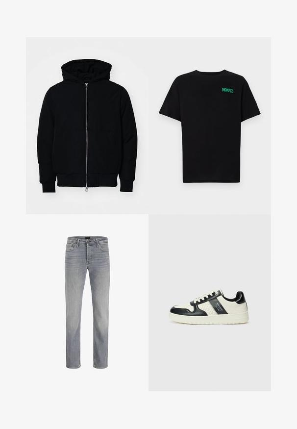 Černá kapucňová bunda s předním zipem, klokaní kapsou, vroubkovanými manžetami a spodním lemem, vystavená na čistém bílém pozadí.; Černé tričko vyrobené z bavlny s krátkým rukávem. Na přední straně se nachází zelené logo "ROOTS", kulatý výstřih a standardní střih.; Světle šedé džíny z denimu se střihem rovného nohavice, pěti kapsami a klasickým zapínáním na knoflík. Hladká texturka tkaniny a čisté provedení.; Kožené tenisky s černobílou barevnou kombinací, které mají perforované detaily, polstrovaný límec a texturovanou podrážku.