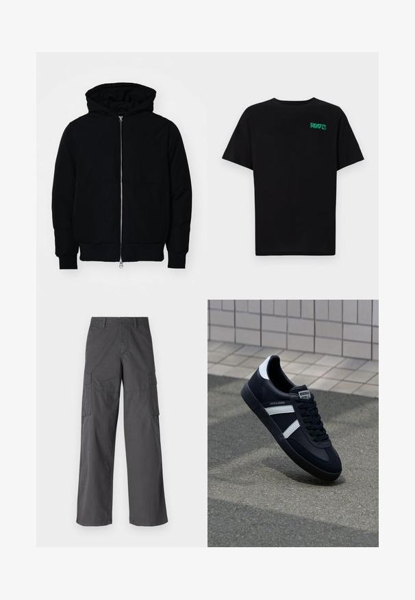 Chaqueta negra con capucha, cierre frontal, bolsillo tipo canguro, y puños y dobladillo acanalados, exhibida sobre un fondo blanco liso.; Camiseta negra de algodón con mangas cortas. Presenta un logo verde "ROOTS" en el frente, escote redondo y corte estándar.; Jack & Jones JJKNOCKOUT WIDE FIT - Pantalones cargo - asphalt; Zapatilla de cuero negra con rayas blancas, suela de goma texturizada y parte frontal con cordones. Cuenta con una etiqueta de marca en la lengüeta.