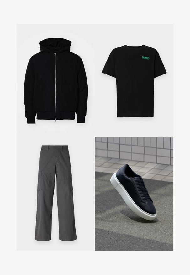 Black hooded jacket with front zipper, kangaroo pocket, ribbed cuffs, and hem, displayed on a plain white background.; Black t-shirt made of cotton with short sleeves. Features a green "ROOTS" logo on the front, round neckline, and standard fit.; Jack & Jones JJKNOCKOUT WIDE FIT - Cargo trousers - asphalt; Black leather sneaker with rounded toe and white rubber sole. Features flat laces and minimal stitching on the upper. Textured sole for grip.