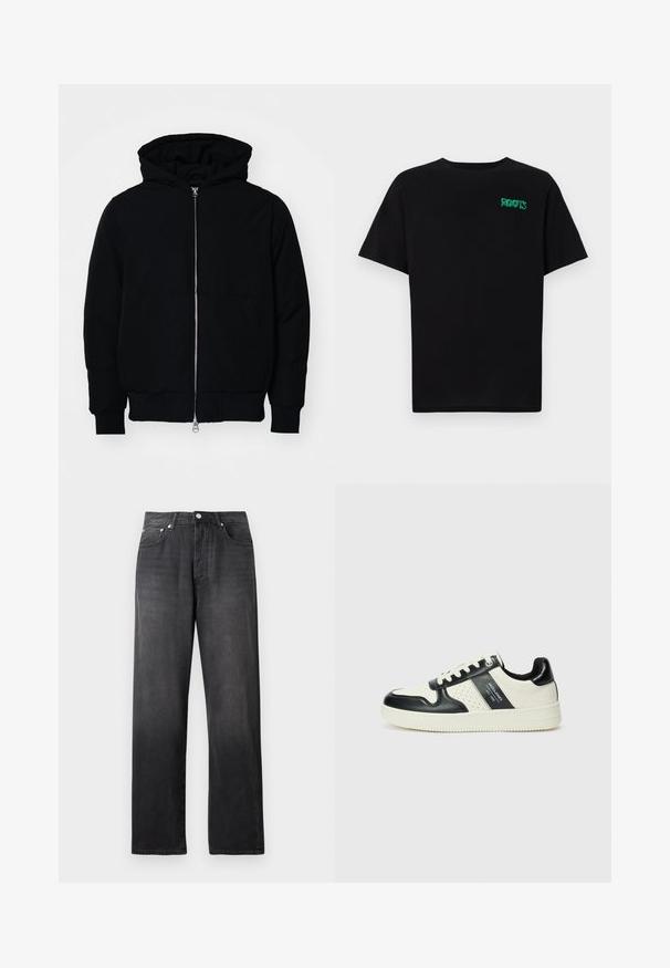 Zwarte hoodie met rits aan de voorkant, kangoeroe-pocket, geribbelde manchetten en zoom, weergegeven op een effen witte achtergrond.; Zwarte T-shirt van katoen met korte mouwen. Heeft een groen "ROOTS" logo op de voorkant, een ronde halslijn en een standaard pasvorm.; Zwarte hoge taille straight-leg jeans met een voorste knoop en rits, twee voorzakken en subtiele vervagingdetails.; Leren sneakers met een zwart en crèmekleurig kleurenschema, voorzien van geperforeerde accenten, een gevoerde kraag en een gestructureerde buitenzool.