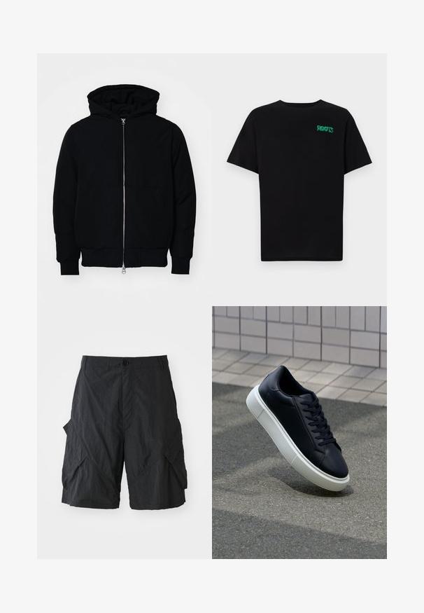 Melna kapucēta jaka ar priekšējo rāvējslēdzēju, kenguru kabatu, ribinātām aprocēm un apakšmalu, parādīta uz vienkārša balta fona.; Melna kokvilnas t-kreka ar īsām piedurknēm. Uz priekšu ir zaļa "ROOTS" logo, apaļa kakla izgriezums un standarta piegriezums.; Melni kravas šorti, izgatavoti no viegla materiāla, ar teksturētu virsmu, pogu aizdari un vairākām sānu kabatām.; Melnas ādas kedas ar noapaļotu pirkstu un baltu gumijas zoli. Iespējas - plakanas šņorītes un minimāla apdare augšdaļā. Struktūrēta zole, lai nodrošinātu saķeri.