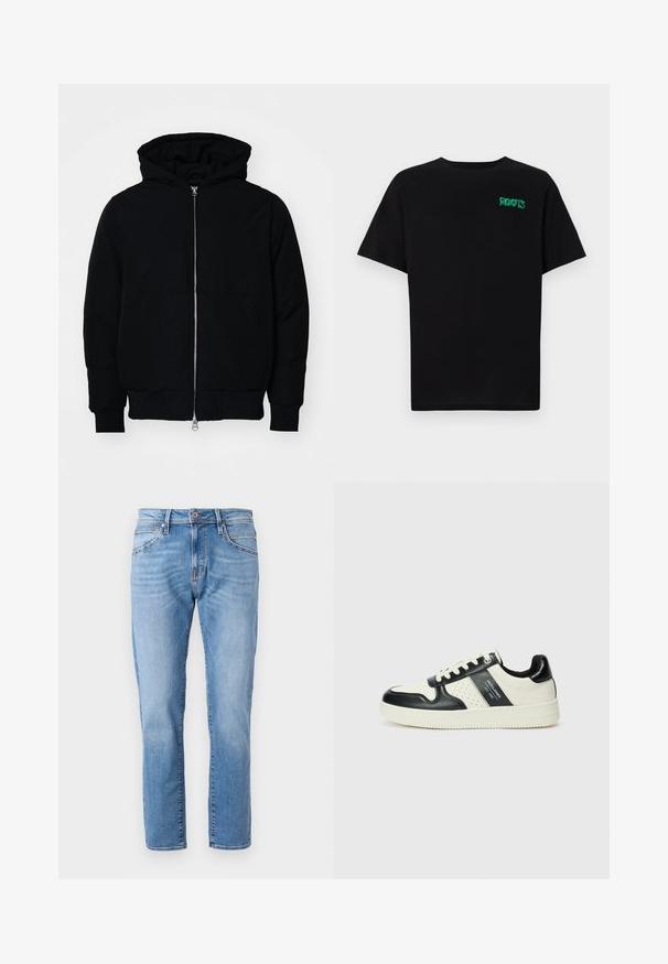 Čierna kapucňová bunda s predným zipsom, klokaními vreckami, rebrovanými manžetami a lemom, zobrazená na bielom pozadí.; Čierne tričko s krátkymi rukávmi vyrobené z bavlny. Na prednej strane má zelené logo "ROOTS", okrúhly výstrih a štandardný strih.; Svetlomodré denimové džínsy so strihom rovného nohavicu, klasický dizajn s piatimi vreckami, jemne vyblednuté a s kontrastným zapínaním na gombík v páse.; Kožené tenisky v čierno-krémovej farbe, s perforovanými akcentmi, polstrovaným golierom a štruktúrovanou podrážkou.