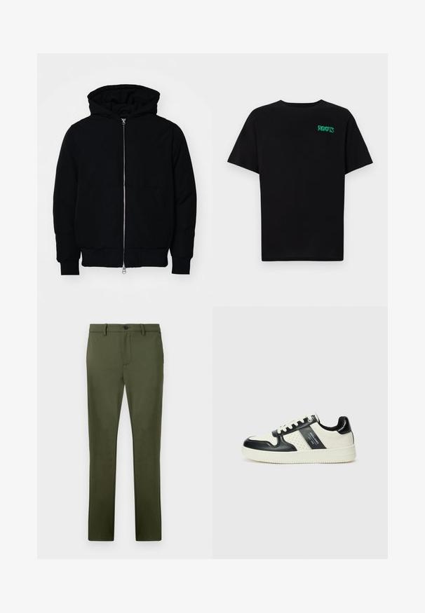 Black hooded jacket with front zipper, kangaroo pocket, ribbed cuffs, and hem, displayed on a plain white background.; Black t-shirt made of cotton with short sleeves. Features a green "ROOTS" logo on the front, round neckline, and standard fit.; Olive green pants made of a smooth fabric, featuring a straight cut, front pockets, and a single button closure. Minimalist design details.; Leather sneakers with a black and cream color scheme, featuring perforated accents, a padded collar, and a textured outsole.