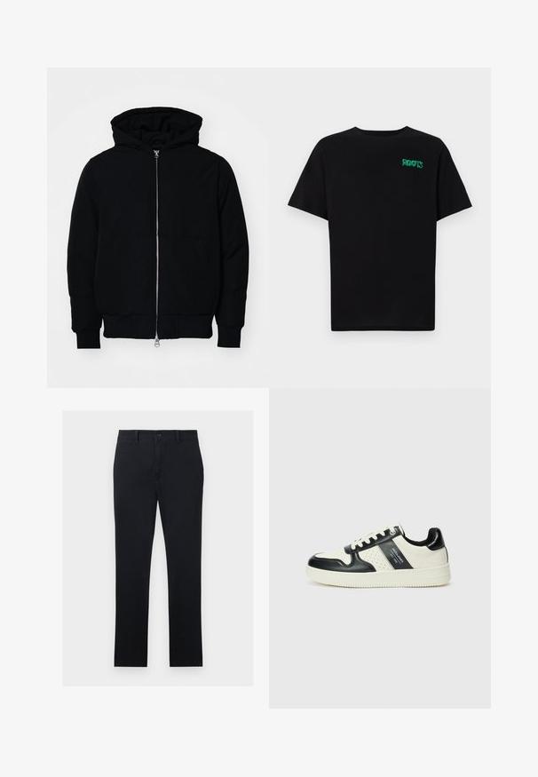 Crna kapuška jakna s prednjim zatvaračem, kenguru džepom, rebrastim manžetama i rubom, prikazana na običnoj bijeloj pozadini.; Crna majica kratkih rukava od pamuka. Na prednjem dijelu se nalazi zeleni "ROOTS" logo, okrugli izrez i standardni kroj.; Crne chinos hlače izrađene od pamučne tkanine, s ravnim nogavicama, prednjim gumbom i dva bočna džepa. Glatka tekstura, minimalni detalji.; Kožne tenisice s crno-bijelom paletom boja, koje imaju perforirane akcentne detalje, podstavljeni ovratnik i teksturiranu potplat.