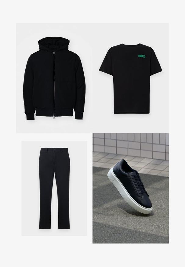 Černá kapucňová bunda s předním zipem, klokaní kapsou, vroubkovanými manžetami a spodním lemem, vystavená na čistém bílém pozadí.; Černé tričko vyrobené z bavlny s krátkým rukávem. Na přední straně se nachází zelené logo "ROOTS", kulatý výstřih a standardní střih.; Černé chinos kalhoty vyrobené z bavlněné tkaniny, s rovným zakončením nohavic, předním zapínáním na knoflík a dvěma postranními kapsami. Hladká textura, minimální detaily.; Černé kožené tenisky s kulatou špičkou a bílou gumovou podrážkou. mají ploché tkaničky a minimální šití na svršku. Texturovaná podrážka pro lepší přilnavost.