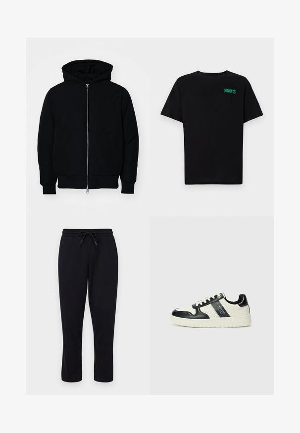 Sort hættejakke med frontlynlås, kængurulomme, ribbede manchetter og kant, præsenteret på en ensfarvet hvid baggrund.; Sort t-shirt lavet af bomuld med korte ærmer. Har et grønt "ROOTS" logo på forsiden, rund halsudskæring og almindelig pasform.; Only & Sons ONSCONNOR STRAIGHT PANTS - Træningsbukser - black; Lædersneakers i sort og creme farveskema, med perforerede detaljer, en polstret krave og en struktureret ydersål.