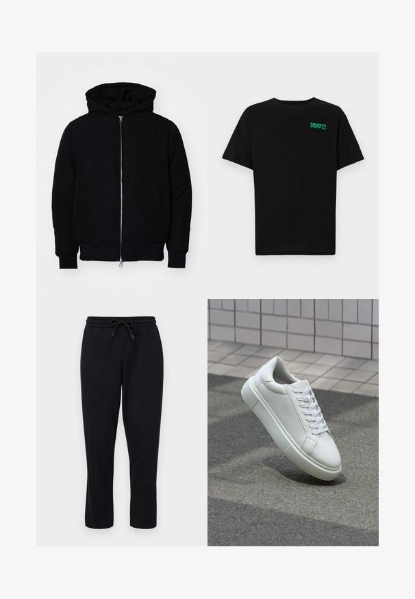 Crna kapuška jakna s prednjim zatvaračem, kenguru džepom, rebrastim manžetama i rubom, prikazana na običnoj bijeloj pozadini.; Crna majica kratkih rukava od pamuka. Na prednjem dijelu se nalazi zeleni "ROOTS" logo, okrugli izrez i standardni kroj.; Only & Sons ONSCONNOR STRAIGHT PANTS - Donji dijelovi trenirke - black; Bijela kožna tenisica s glatkom površinom, okruglim vrhom i ravnim bijelim vezicama. Ima teksturiran gumeni potplat i minimalne dizajnerske elemente.
