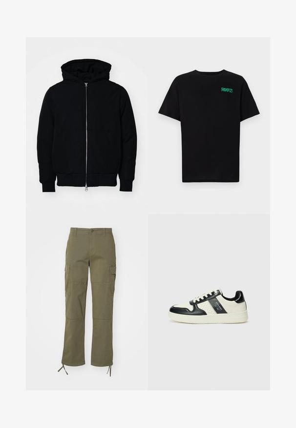 Svart hettejakke med frontglidelås, kengurulomme, ribbestrikket mansjetter og søm, vist på en ensfarget hvit bakgrunn.; svart t-skjorte laget av bomull med korte ermer. Har et grønt "ROOTS"-logo på forsiden, rund halsutringning og standard passform.; Olivengrønne cargo-bukser med rett ben-design, med to sidelommer og justerbare snorer ved anklene. Laget av slitesterkt materiale.; Lædersneakers med sort og creme farveskema, der har perforerede detaljer, en polstret krave og en struktureret ydersål.
